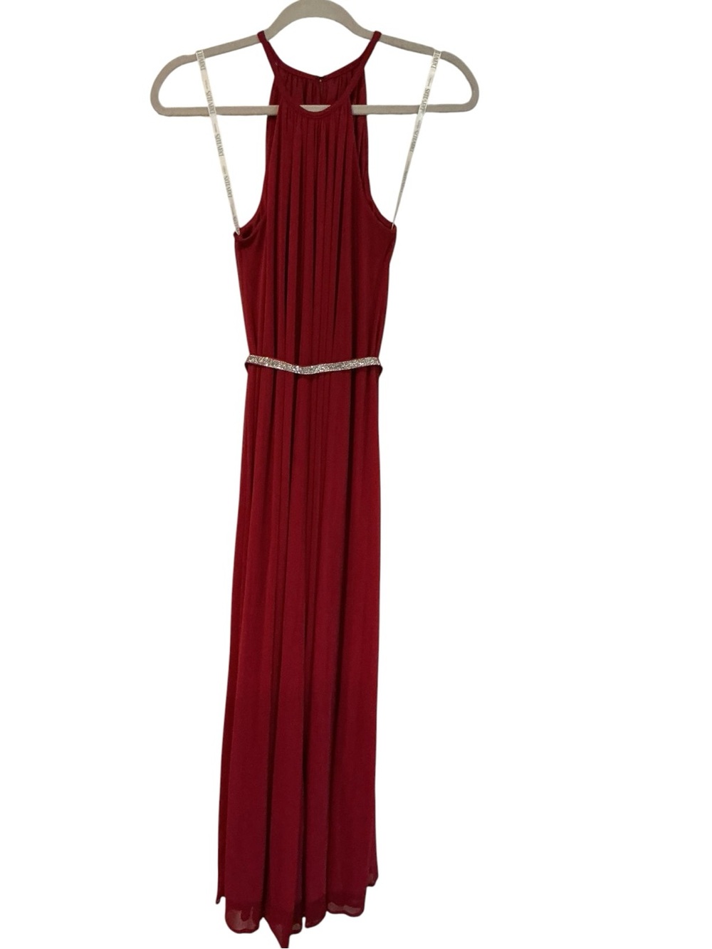 Davids Bridal Red Halter Maxi Dress Size 2 Long Formal Rhinestone Belt - Picture 2 of 6
